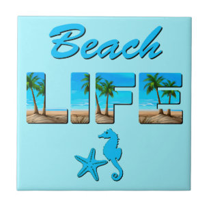 Beach Life Woordkunst met Zand en Palmbomen Tegeltje