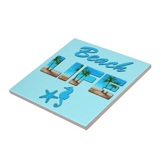Beach Life Woordkunst met Zand en Palmbomen Tegeltje (Zijkant)