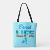 Beach Life Woordkunst met Zand en Palmbomen Tote Bag (Achterkant)