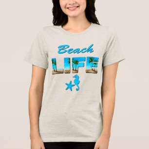 Beach Life Woordkunst met Zand en Palmbomen Tri-Blend Shirt