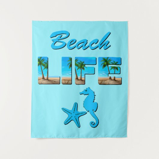 Beach Life Woordkunst met Zand en Palmbomen Wandkleed (Voorkant)