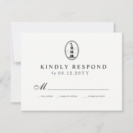 Beach Lighthouse | Nautical Wedding RSVP B/W (Voorkant)