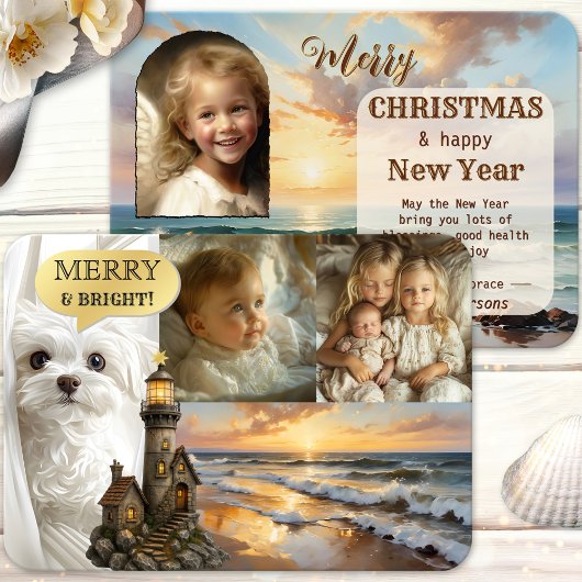 Beach Lighthouse Photo Collage Christmas Kaart
