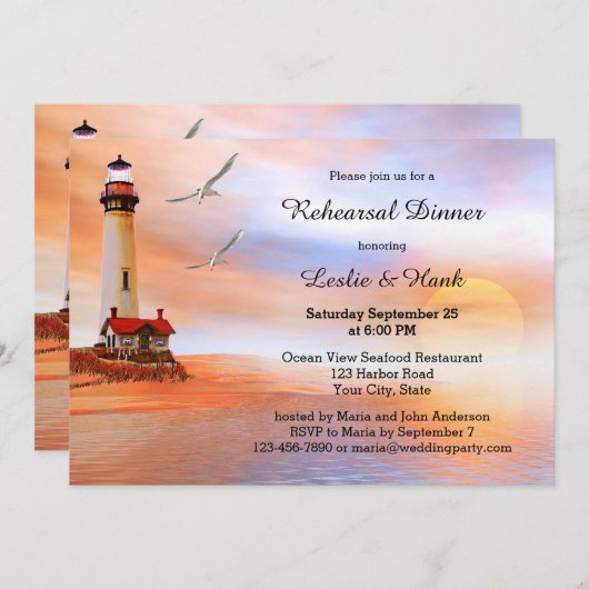 Beach Lighthouse Rehearsal Dinner Invitation Kaart (Voorkant / Achterkant)