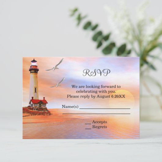 Beach Lighthouse Wedding Enclosure RSVP Uitnodigin Kaartje (Staand voorkant)