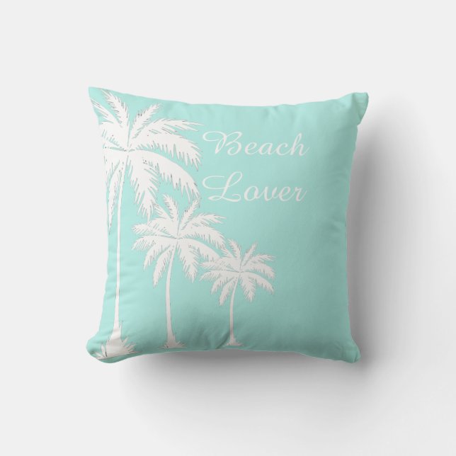 Beach Lover Palm Tree Blauw Wit Buitenkussen (Voorkant)