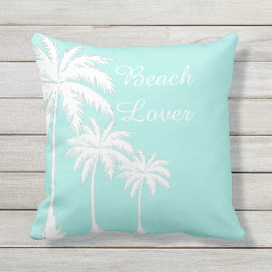 Beach Lover Palm Tree Blauw Wit Buitenkussen