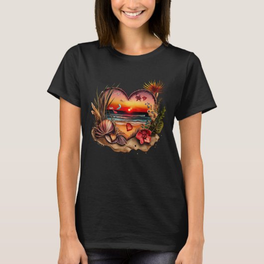 Beach Lover Sunset Seashells Heart Shape Flowers T-shirt (Voorkant)
