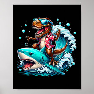 Beach Lover T-rex Dinosaur Rijdend op Haai Surfend Poster