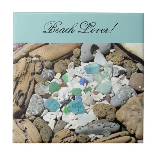 Beach Lover! Tile Art Blue Zee Glass Seashells Tegeltje (Voorkant)