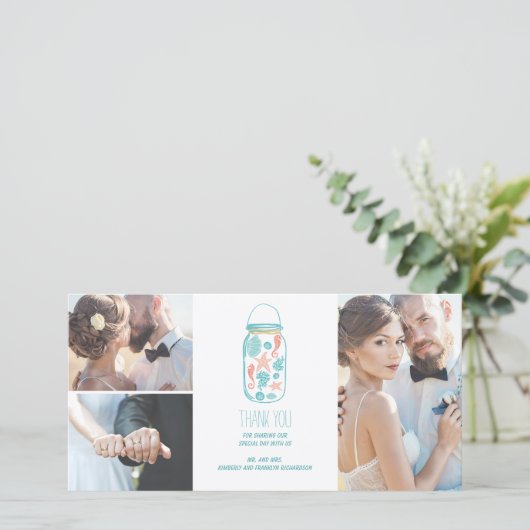 Beach Mason Jar Coastal White Wedding Dank u Bedankkaart (Staand voorkant)