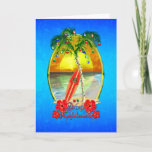 Beach Mele Kalikimaka Feestdagen Kaart<br><div class="desc">Mele Kalikimaka,  Hawaiian voor vrolijk kerstfeest. Perzikkunst met een palmboom met kerstverlichting en siervoorwerpen en een tropische oceaanblauwe achtergrond.</div>