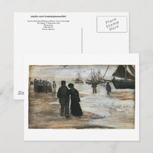 Beach, mensen die lopen en boats van Gogh Fine Art Briefkaart (Voorkant / Achterkant)