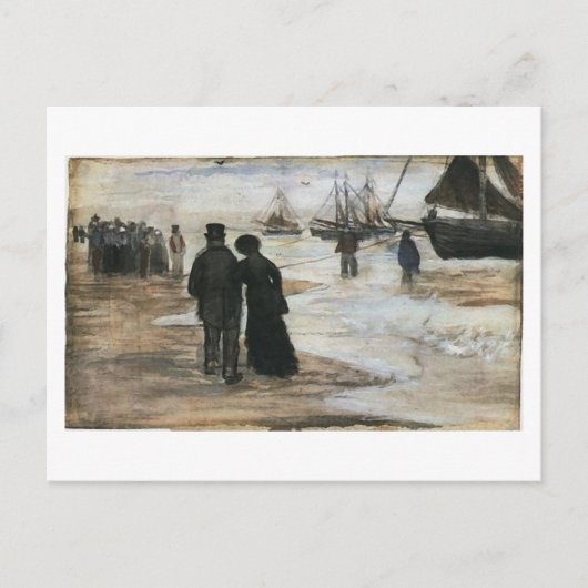 Beach, mensen die lopen en boats van Gogh Fine Art Briefkaart (Voorkant)