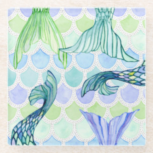 Beach Mermaid Tails Waterverf Fish Scale Patroon Glazen Onderzetter
