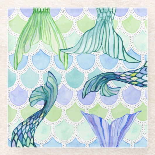 Beach Mermaid Tails Waterverf Fish Scale Patroon Glazen Onderzetter (Voorkant)
