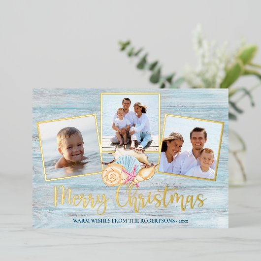 Beach Merry kersthout Foto van Coastal Gold Folie Feestdagenkaart (Staand Voorkant)