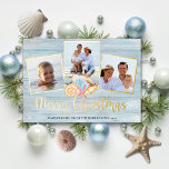 Beach Merry kersthout Foto van Coastal Gold Folie Feestdagenkaart<br><div class="desc">Verstuur uw wensen voor warme kerstdagen vanaf het strand met deze persoonlijke vakantiekaart met 3 foto's en scriptkalligrafie "Merry Kerstmis" die is gedrukt met echte gouden folie. In het midden is een groep waterverf seizoenshellen met een strandhoutachtergrond.</div>