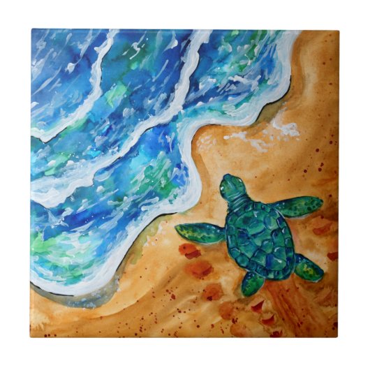 Beach met Green Turtle en Blue Ocean Waves Tegeltje (Voorkant)