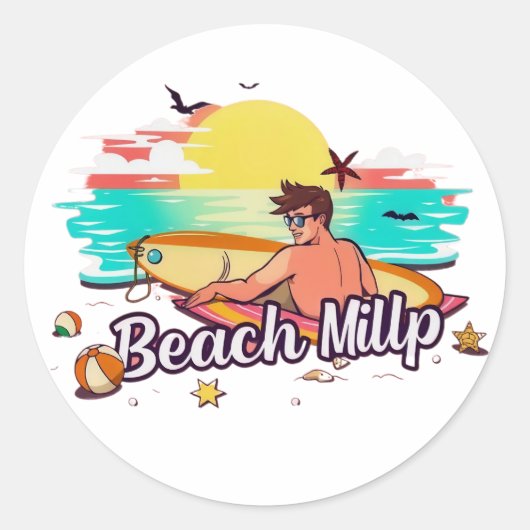 Beach Mill: Surven, zon en plezier Ronde Sticker (Voorkant)