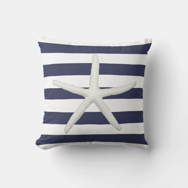 Beach Modern Starfish Simple Stripe Navy and White Kussen (Voorkant)