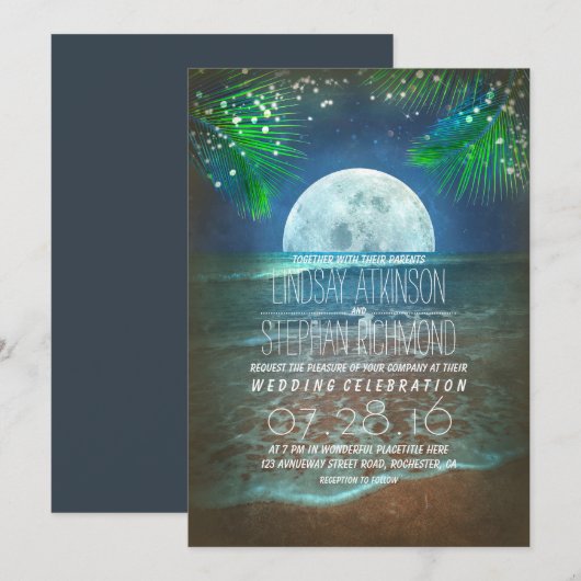 Beach Moonlight Wedding Lights Uitnodiging (Voorkant / Achterkant)