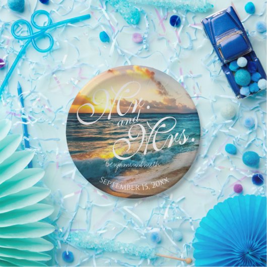 Beach Mr en Mrs Personalized Wedding Reception Papieren Bordje (Feest)