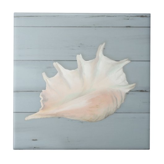 Beach Nautic Seashell Conch Tropical Blue Wood Tegeltje (Voorkant)