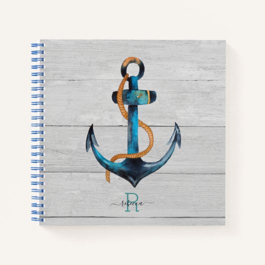 Beach Nautical Anchor Monogrammed Spiral Notitiebo Notitieboek (Voorkant)