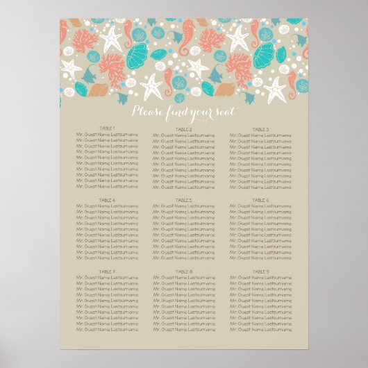 Beach Nautical Coastal Zee Wedding Seating Charts Poster (Voorkant)