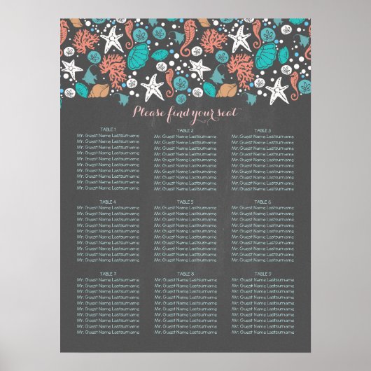 Beach Nautical Coastal Zee Wedding Seating Charts Poster (Voorkant)