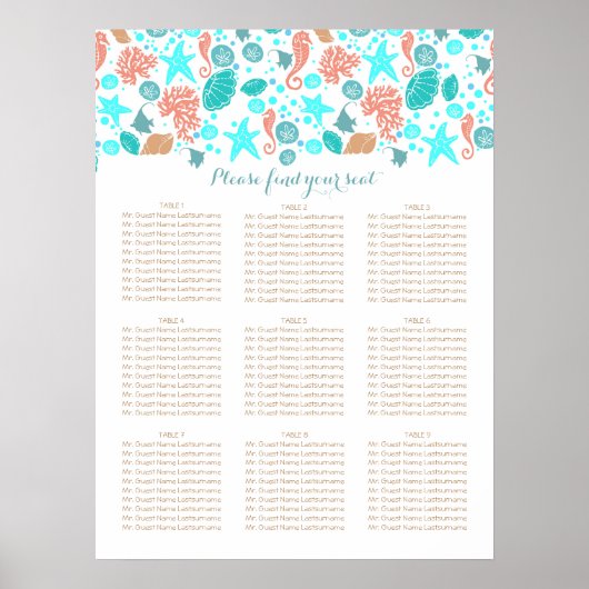 Beach Nautical Coastal Zee Wedding Seating Charts Poster (Voorkant)