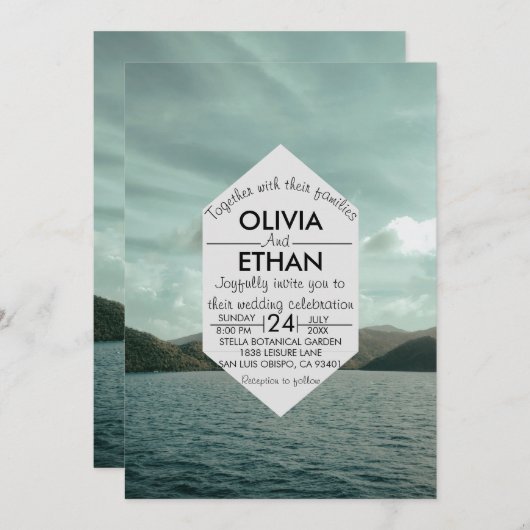 Beach nautical marine blue Wedding Invitation Kaart (Voorkant / Achterkant)