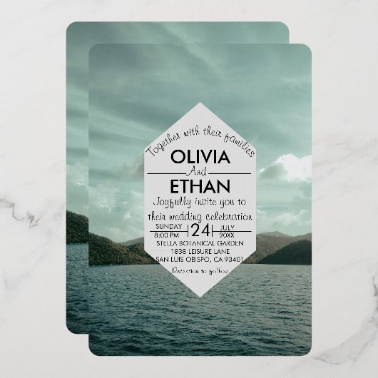 Beach nautical navy blue Wedding Folie Uitnodiging (Voorkant / Achterkant)