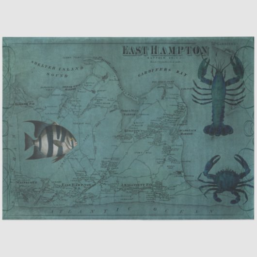 Beach Nautical Ocean Lobster Crab East Hampton Map Tissuepapier (Voorkant)