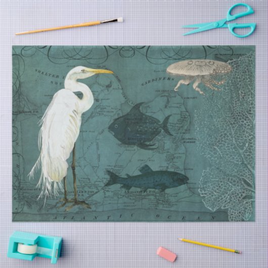 Beach Nautical Ocean Map Waterverf Heron Fish Art Tissuepapier (Craft)