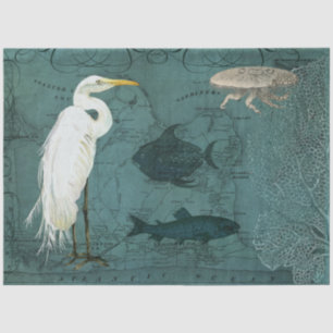 Beach Nautical Ocean Map Waterverf Heron Fish Art Tissuepapier