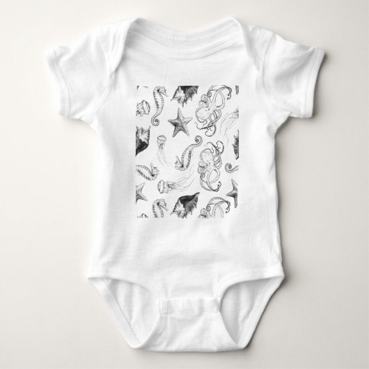 Beach Nautical Ocean Theme Black and White Ink Romper (Voorkant)