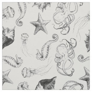 Beach Nautical Ocean Theme Black and White Ink Stof