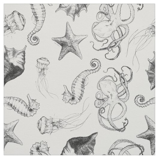 Beach Nautical Ocean Theme Black and White Ink Stof (Swatch)