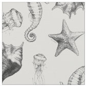 Beach Nautical Ocean Theme Black and White Ink Stof (Close Up)