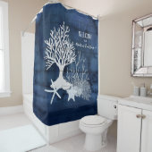 Beach Navy White Welcome Waterverf Coral Starfish Douchegordijn (In situ)