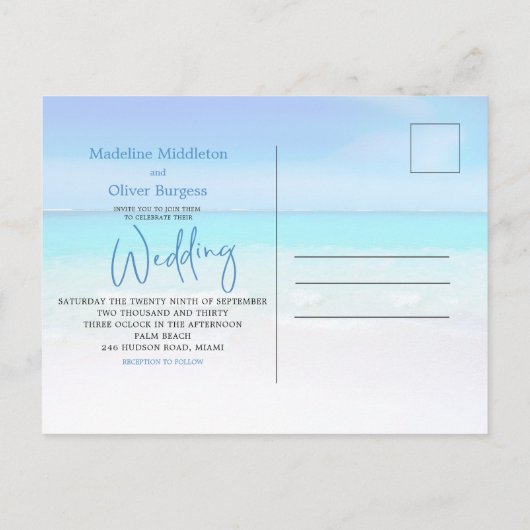 Beach Ocean Blue Sand Modern Destination Uitnodiging Briefkaart (Achterkant)