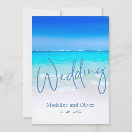 Beach Ocean Blue Sand Modern Wedding Kaart (Voorkant)