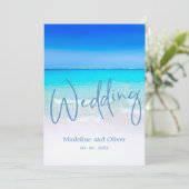 Beach Ocean Blue Sand Modern Wedding Kaart (Staand voorkant)