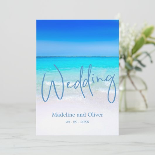 Beach Ocean Blue Sand Modern Wedding Kaart (Staand voorkant)