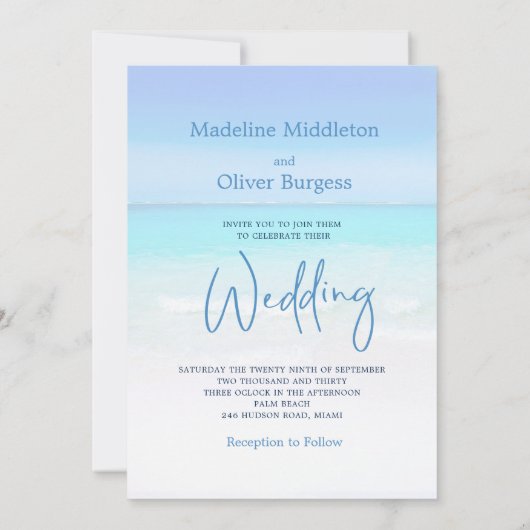 Beach Ocean Blue Sand Modern Wedding Kaart (Achterkant)