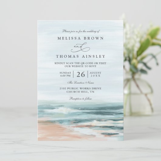 Beach Ocean Destination Elegant QR Code Wedding Kaart (Staand voorkant)
