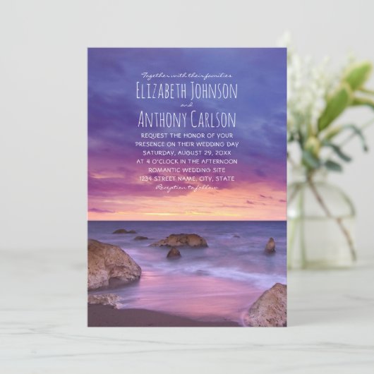 Beach Ocean Destination Sunset Nautical Wedding Kaart (Staand voorkant)