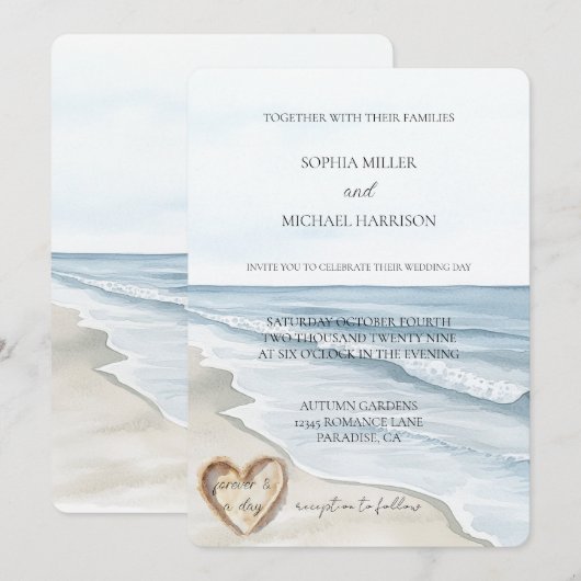 Beach Ocean Heart Sand Wedding Kaart (Voorkant / Achterkant)